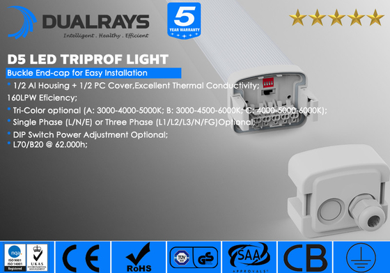 IP65 एलईडी ट्राइप्रूफ लाइट 40w 50w 160LPW दक्षता जिम के लिए 5 साल की वारंटी