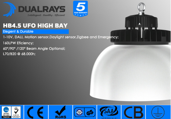 डुअलरे 100W HB4.5 LED हाई बे लाइट 17000LM IP65 IK08 UFO कमर्शियल लाइटिंग