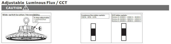 एचबी2 डीआईपी स्विच करने योग्य पावर और 3सीसीटी यूएफओ एलईडी हाई बे लाइट 100W 150LPW आपातकालीन कार्य के साथ वैकल्पिक