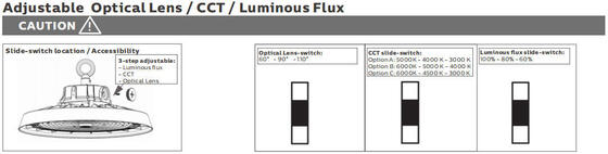 औद्योगिक उपयोग के लिए कई बीम कोण विकल्पों के साथ पावर और रंग तापमान के लिए DIP स्विच करने योग्य सेटिंग्स की विशेषता वाला एलईडी हाईबे लाइट