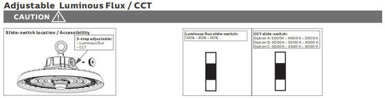 HB3 DIP स्विच करने योग्य पावर और 3CCT UFO एलईडी हाई बे लाइट 150W 192LPW 20W/30W@3HRS आपातकालीन के साथ