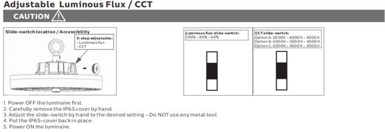 HB4H डिप स्विच करने योग्य पावर और 3CCT UFO LED हाई बे लाइट 200W 170LPW सेंसर के लिए तैयार (PIR या माइक्रोवेव सेंसर के साथ डेलाइट सेंसर प्राथमिकता)