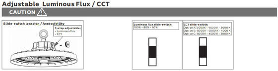 HB3H डिप स्विच करने योग्य पावर और 3CCT UFO LED हाई बे लाइट 100W 150LPW जिसमें 20W/30W @ 3 घंटे इमरजेंसी फंक्शन वैकल्पिक है