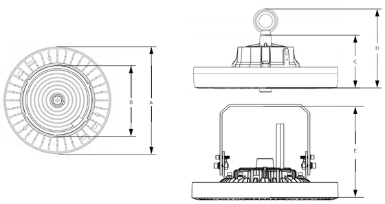 190lm/W ENEC HB4H UFO LED हाई बे लाइट 100W 150W 200W IP65 IK08 5 साल वेयरहाउस औद्योगिक लाइटिंग