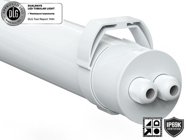 IP69K IP66 TB7 सुपर एलईडी ट्यूबलर लाइट डीआईपी स्विच करने योग्य पावर/3सीसीटी/3-चरण और 3/5 वायरिंग-थ्रू के साथ