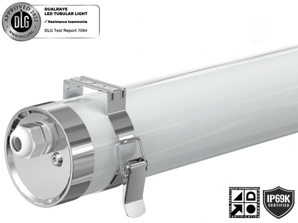 TB6 एलईडी ट्यूबलर लाइट IP69K PMMA IK08 एंटी-अमोनिया/UV /PC IK10 एंटी-UV सुरक्षा