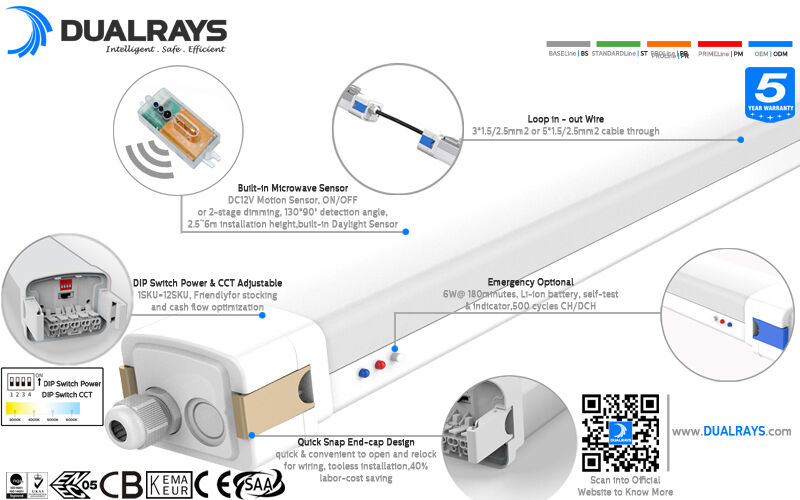 5 फीट/60W D5 LED नमी-प्रूफ लाइट जिसमें DIP स्विच करने योग्य पावर/3CCT और 1-10V, DALI, मोशन सेंसर, डेलाइट सेंसर, ज़िग्बी और इमरजेंसी फंक्शन हैं